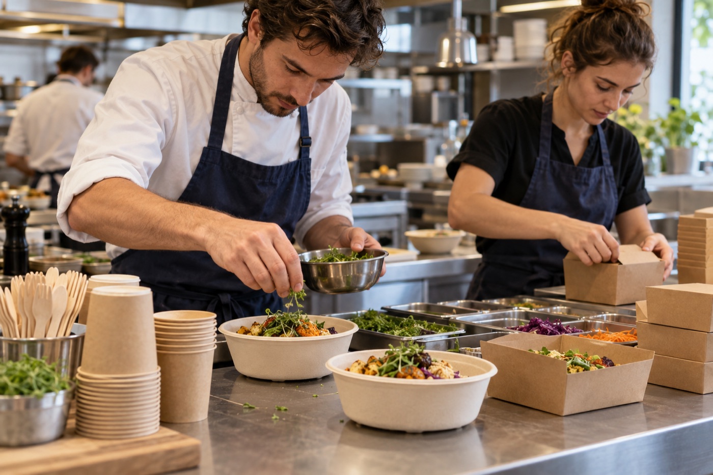 Service professionnel en restauration avec vaisselle écoresponsable
