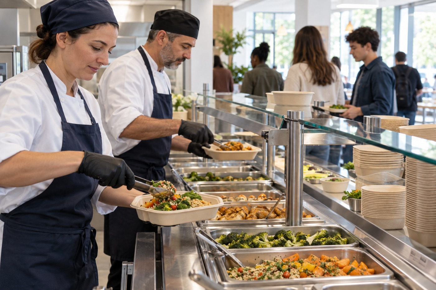 Ligne de restauration collective avec vaisselle écoresponsable