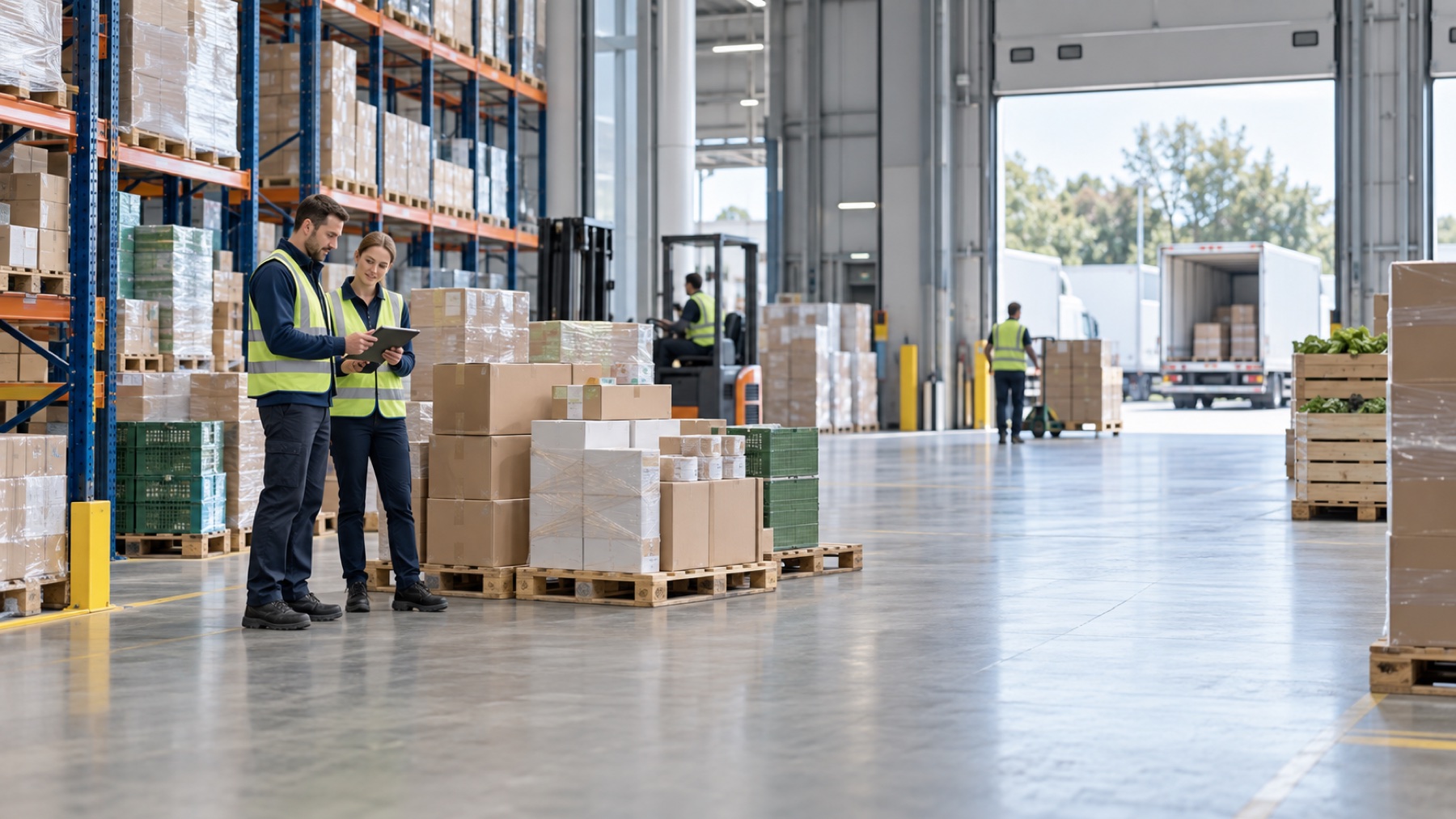 Équipe logistique préparant des palettes pour la distribution