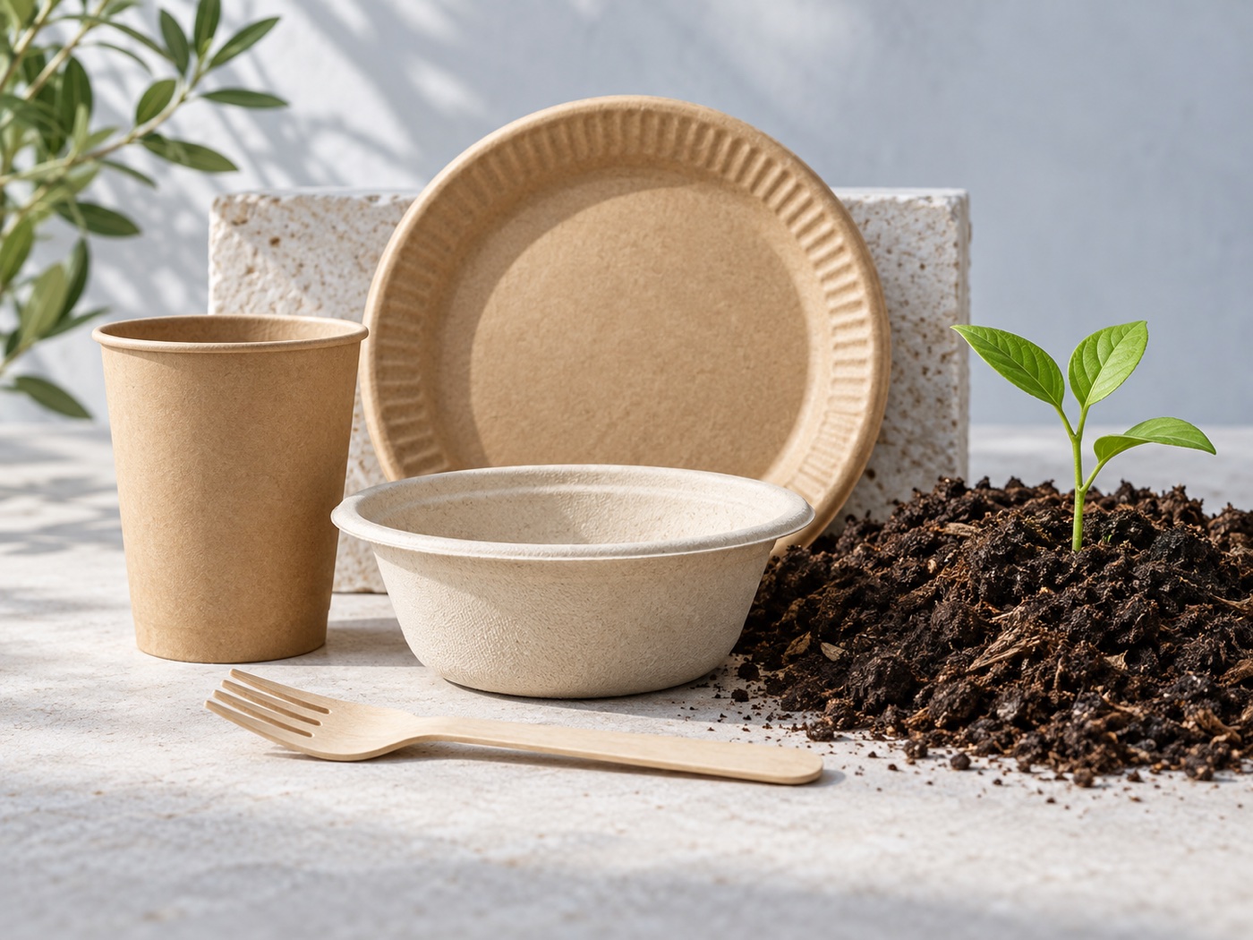 Vaisselle en fibres végétales présentée avec du compost et une jeune pousse