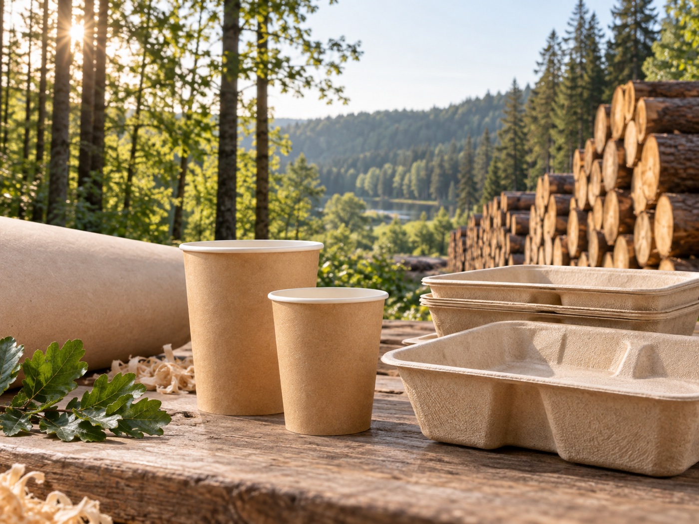 Produits en fibres de bois devant une forêt gérée