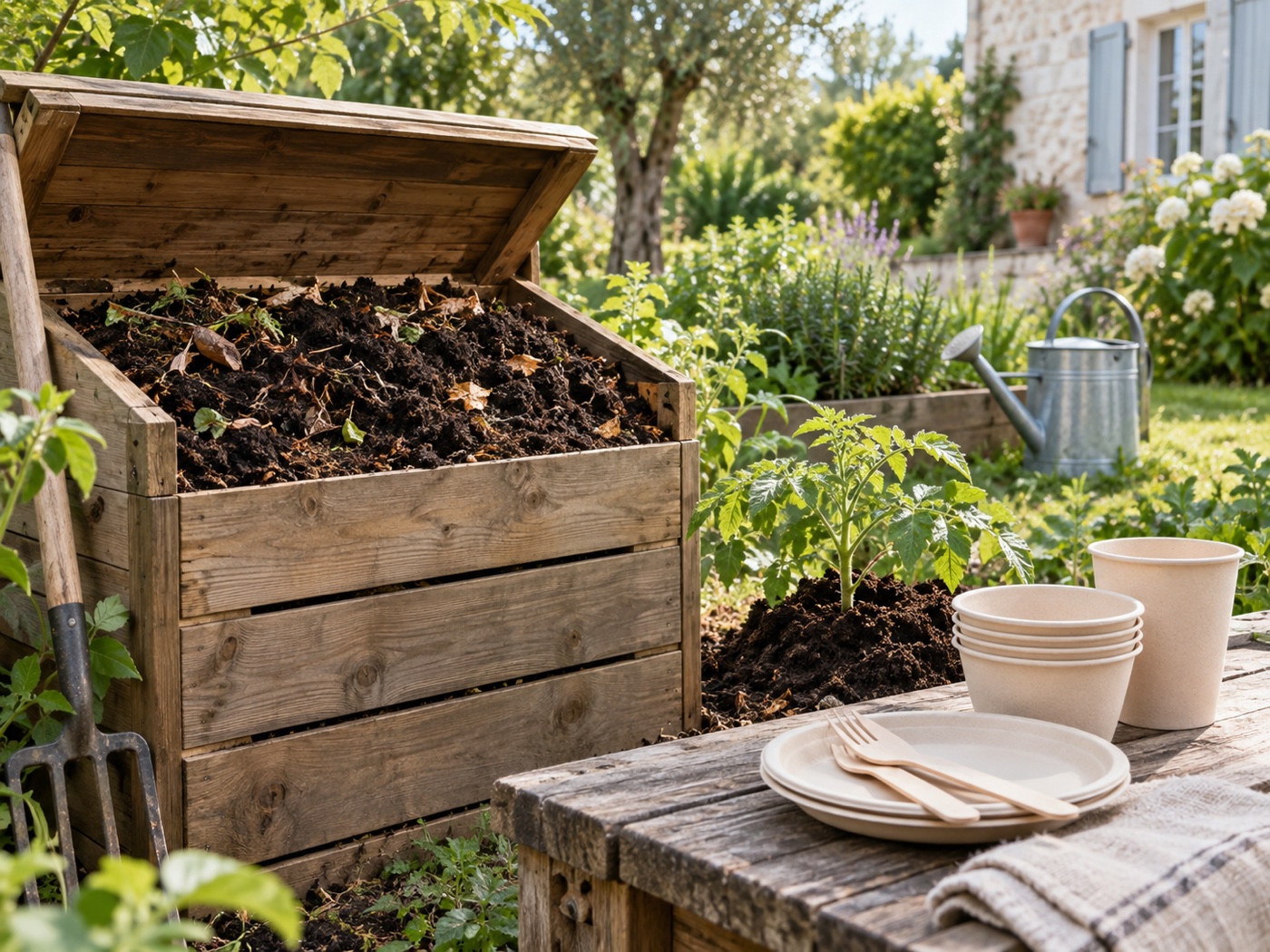 Vaisselle compostable près d’un composteur de jardin