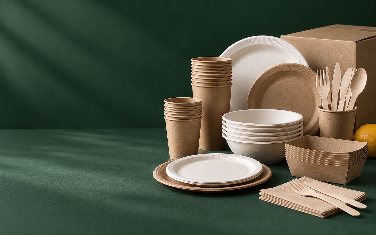 Assortiment de gobelets, assiettes, bols et couverts en matières fibreuses