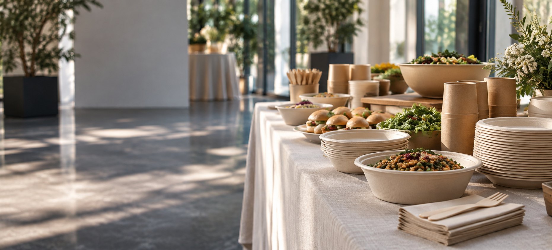 Buffet collectif dressé avec de la vaisselle à usage unique